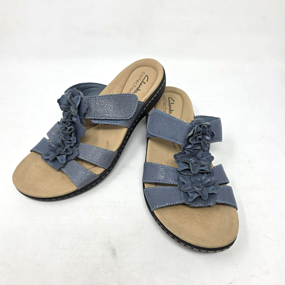 Clarks Women's 7 US Laurieann Judi Flat Sandal Blue Leather Flora Shoes